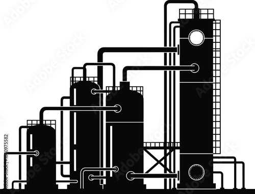 Black and white industrial factory plant silhouette vector illustration, chemical processing facility with tanks and pipes, heavy industry infrastructure concept design