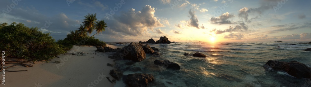 Naklejka premium Tranquil sunset over serene beach coastal landscape hdr panorama