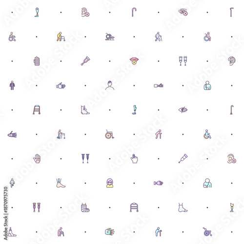 Seamless pattern Disability People Pictograms icon on white background. Included icons such as Disabled health care, medical tools, equipment stick figure, crutches, wheelchair