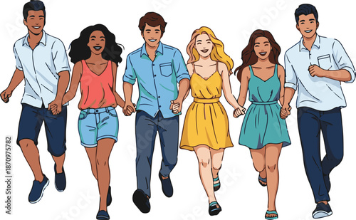 Diverse Group of Young Friends Running Together Holding Hands, Happy Men and Women in Summer Outfits Enjoying Vacation Vector Illustration