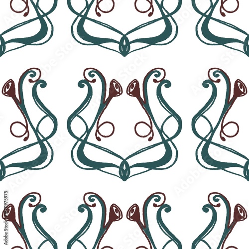  Teal Art Nouveau Scroll Seamless Pattern