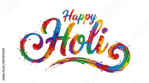 Happy holi indian festival colorful text art with vibrant rainbow hues and swirling calligraphy design on a clean white background cutout