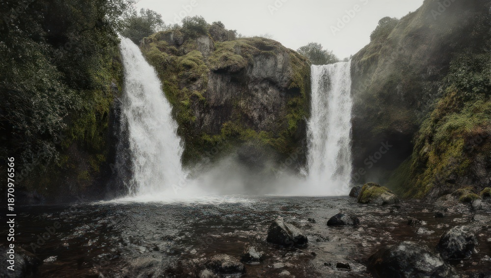 Fototapeta premium Majestic Twin Waterfalls Cascading Down Mossy Cliffs in a Secluded Canyon.