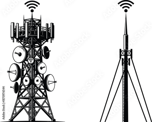 Black and white telecommunication tower silhouette vector illustration, wireless signal antenna structures for mobile network, radio communication, technology infrastructure design