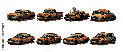 Transformation of rusty old cars into overgrown vegetation illustrations