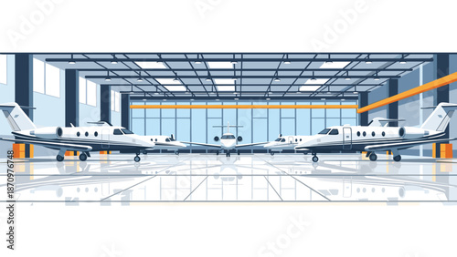 Several luxurious private jets neatly parked inside a spacious, modern aircraft hangar with large windows, illustrating executive aviation and high-end travel infrastructure.