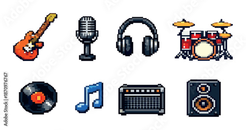 Pixel art musical instruments and equipment collection with guitar, microphone, and drums