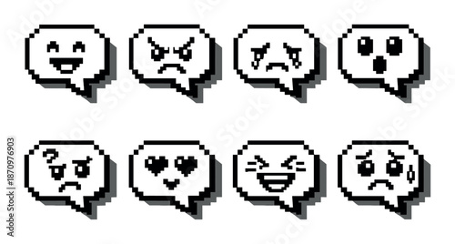 Pixel art emoticons: expressions of happiness, anger, love, and surprise