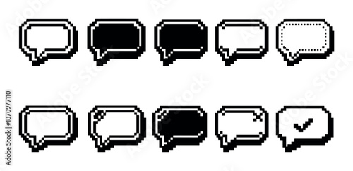 Set of 12 pixel speech bubble icons on dark background