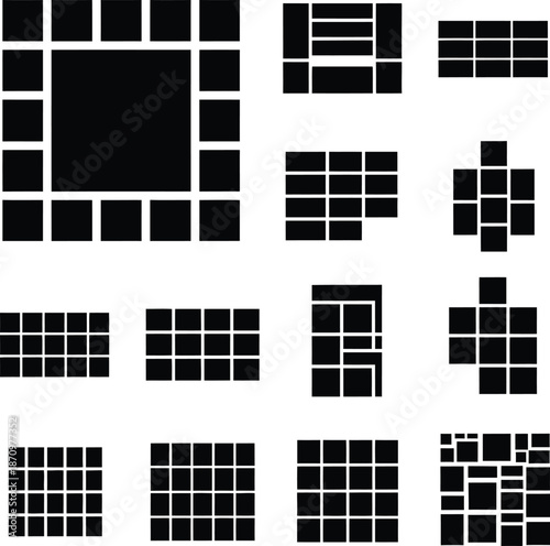 Minimalist black and white photo collage templates and mood board layouts for social media posts gallery wall designs portfolio presentations and digital photography framing collection sets.