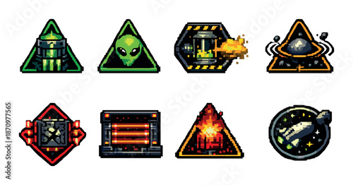 Pixel art alien and sci-fi game icons in various geometric shapes