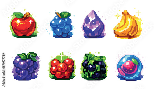 Colorful pixel art fruit and gemstone icons with sparkling effects