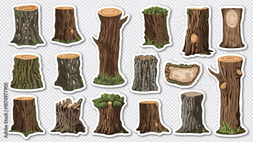 Various tree stumps with different textures and grass around