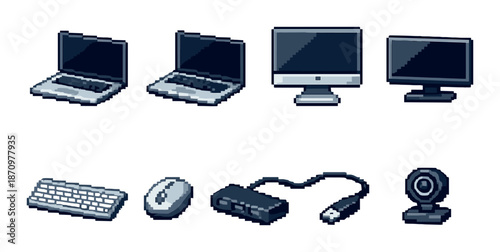 Pixel art computer devices: laptops, desktops, and accessories collection