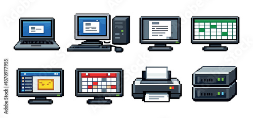 Retro computer icons: laptop, desktop, printer, and server illustrations