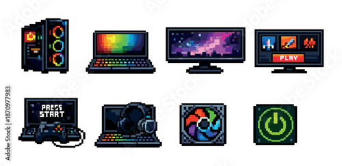Colorful pixel art gaming setup with laptops and accessories