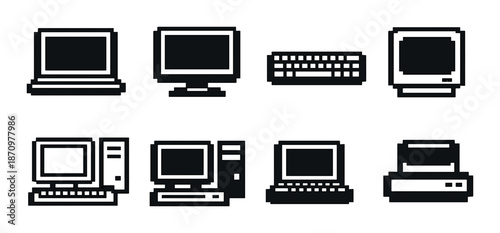 Retro pixel art icons of vintage computers and electronics on gray background