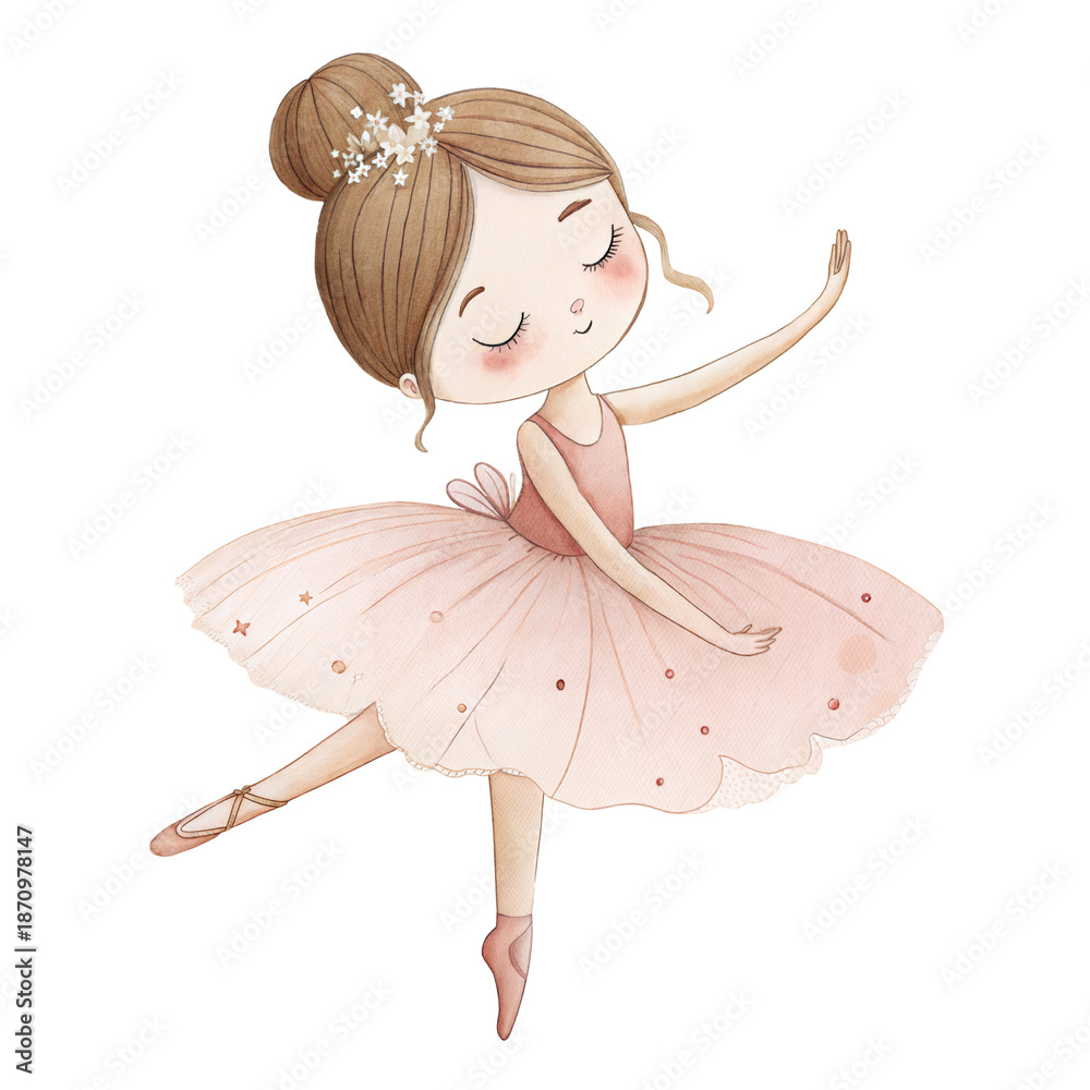 Fototapeta premium Cute watercolor ballerina girl in soft pink tutu graceful ballet illustration mockup