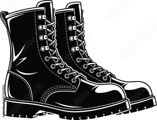 Black and white vector illustration of heavy duty combat boots, tactical military footwear with laces, rugged leather work apparel isolated on white,