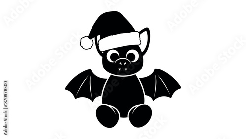 Black bat wearing Santa hat with wings spread silhouette