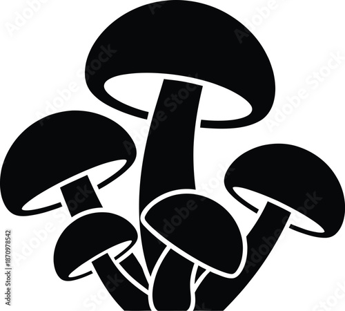 A group of four black mushrooms with white outlines on a white background