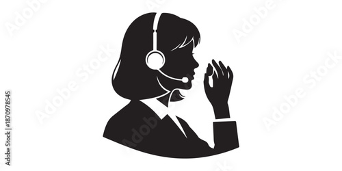 Silhouette of a woman wearing a headset while working on a computer with a chat box on the screen,Silhouette of female customer service icon with headset on white background