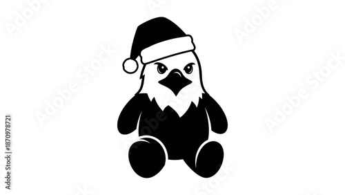 Black cartoon eagle wearing a Santa hat bird black and white