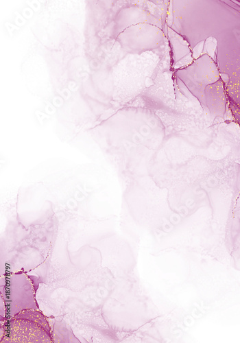 Abstract Romantic Purple Pink Marble Abstract with Gold Frame Border Accent on Transparent Background