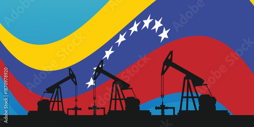 Oil rig pumpjack background. Venezuela petroleum industry. Venezuelan flag