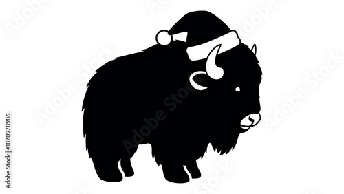 Black silhouette of a bison wearing a Santa hat buffalo