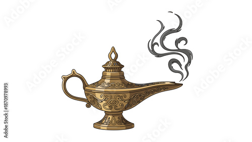 Ornate golden genie lamp with intricate patterns, emitting dark, mysterious wisps of smoke, symbolizing a wish being granted or a magical presence.