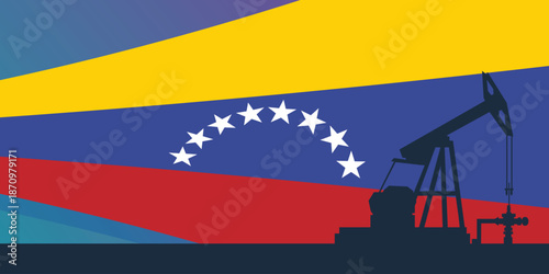 Oil rig pumpjack background. Venezuela petroleum industry. Venezuelan flag