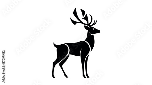 Black stylized deer with elaborate antlers on white