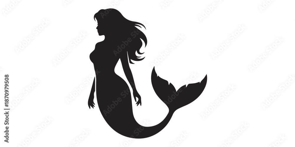 Fototapeta premium Collection of five black silhouette mermaid illustrations on a white background,Silhouette of a mermaid sitting on a rock,Silhouette of a mermaid with crown ,
