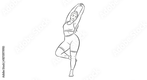 Line Drawing Woman in Standing Side Stretch Yoga Pose with Arms Overhead