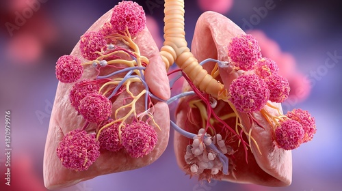 Photorealistic medical visualization of lung tumor within chest cavity showing bronchus structure alveolus tumor growth vascular network anatomical accuracy professional clinical lighting educational