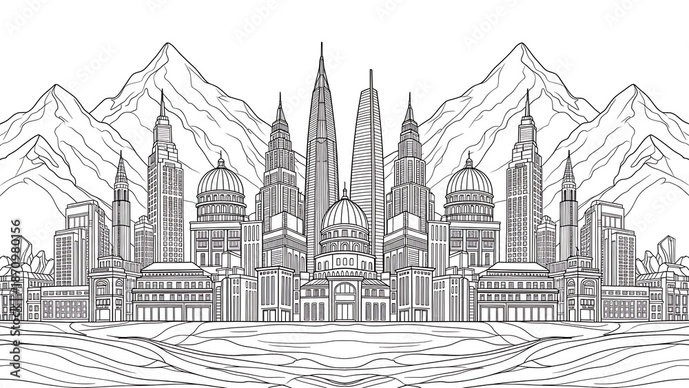 Fototapeta premium Outline drawing of majestic futuristic city skyline set against large rugged mountains