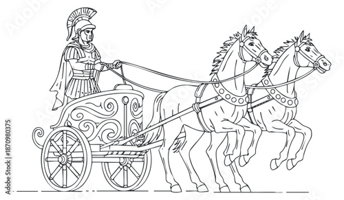 A gladiator riding a chariot pulled by two horses in outline vector style, suitable for historical illustrations and educational materials