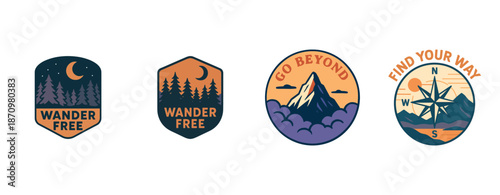 Adventure themed badges: wander free, go beyond, find your way