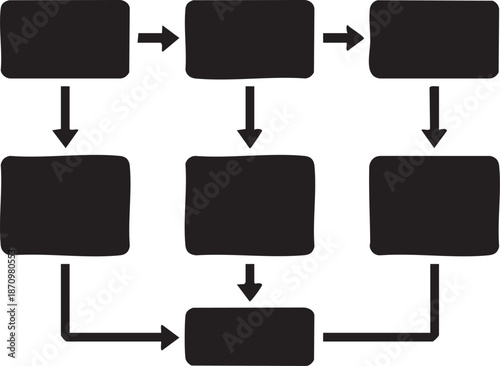 Black flowchart diagram with connected rectangular boxes and directional arrows, minimalist process or workflow illustration