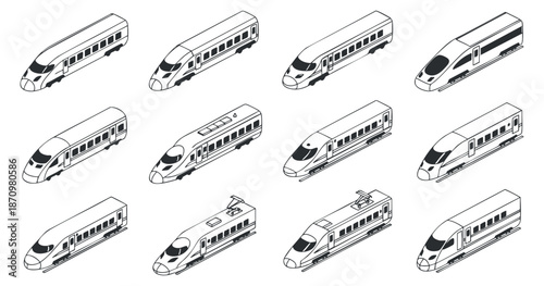 A collection of various train designs in isometric vector style, ideal for transportation themes and railway graphics