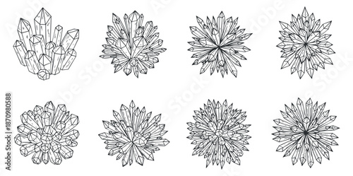 A set of geometric crystal and gem illustrations in black and white outline vector style, perfect for nature-themed designs