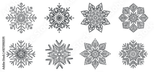 A collection of eight intricate snowflake designs in black and white outline style, perfect for winter-themed projects and holiday decorations