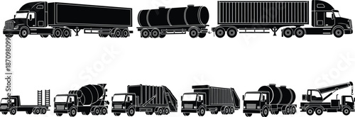 Black silhouette collection of heavy duty industrial trucks, semi trailers, cargo tankers, cement mixers, and construction vehicle icons, vector illustration on white,