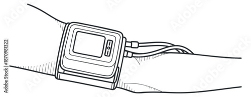 A wearable blood pressure monitor on a wrist in outline vector style, ideal for healthcare and medical applications