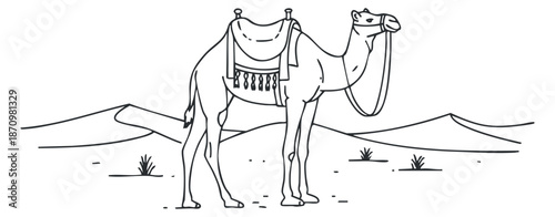 A dromedary camel standing in a desert landscape in minimalist black and white vector style, perfect for travel and adventure themes