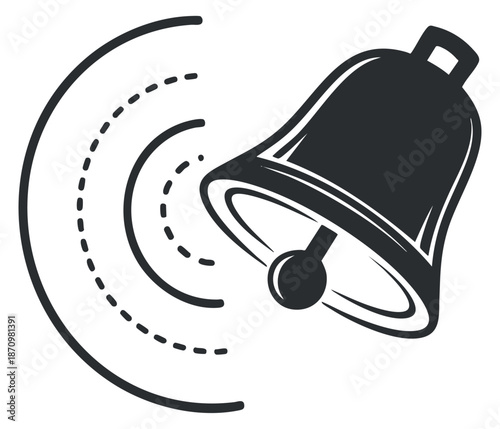 A ringing bell icon with sound waves in black and white outline vector style, suitable for notification and alert designs