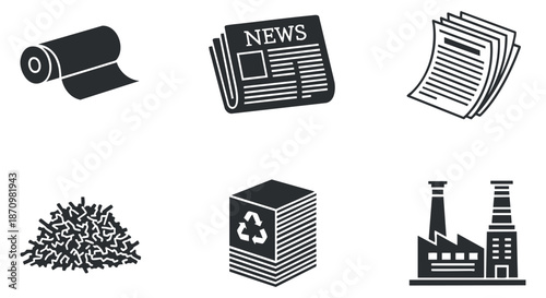 A collection of news-related icons including a newspaper, recycling symbol, and factories in black and white vector style, suitable for environmental and media projects