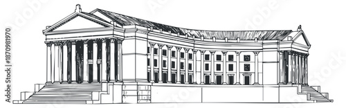 A detailed outline illustration of a classic government building with columns in black and white vector style, ideal for architectural design projects
