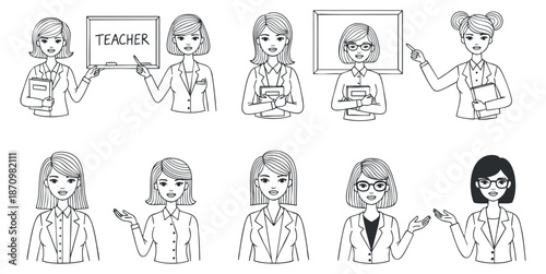 A collection of female teacher characters in minimalistic black and white vector style, ideal for educational materials and branding